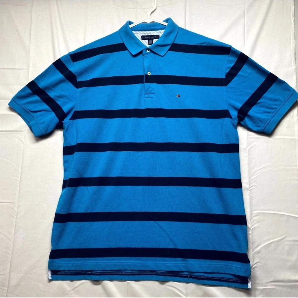 Tommy Hilfiger Polo Shirt Mens 2XL Navy Blue Striped Cotton Short Sleeve Tennis